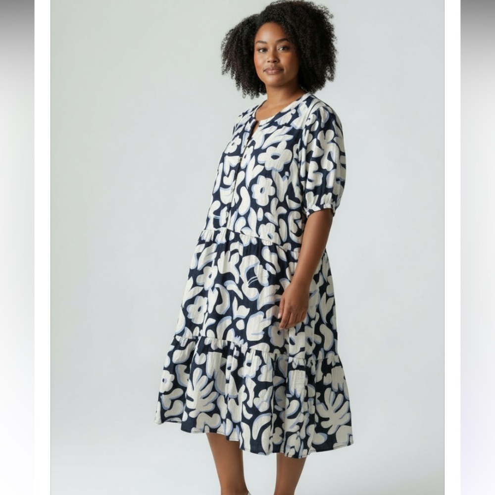 Wonderly Boho Abstract Floral Navy and White Dress size XL New